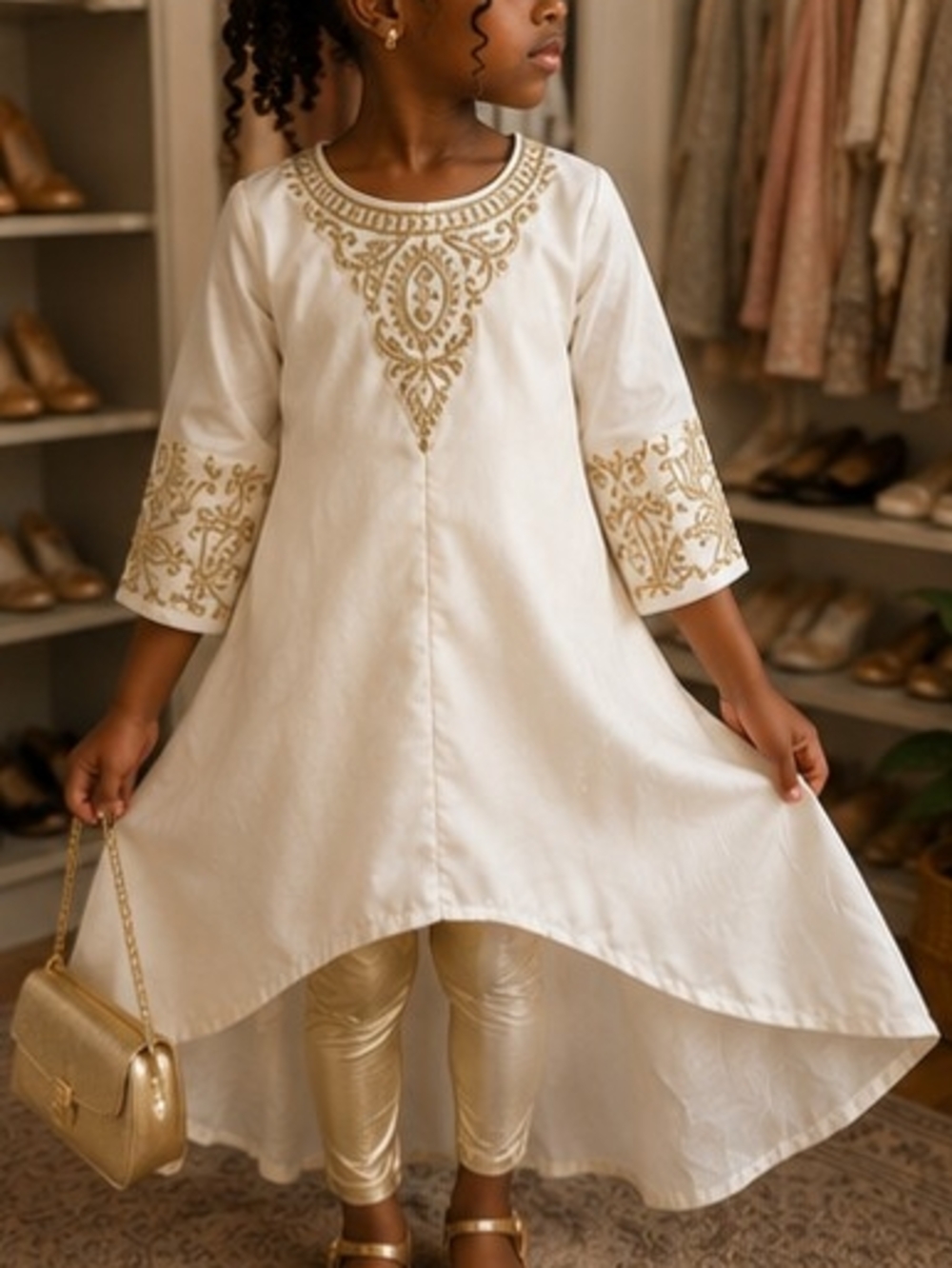 Girls Ivory Tunic Dress with Gold Embroidery